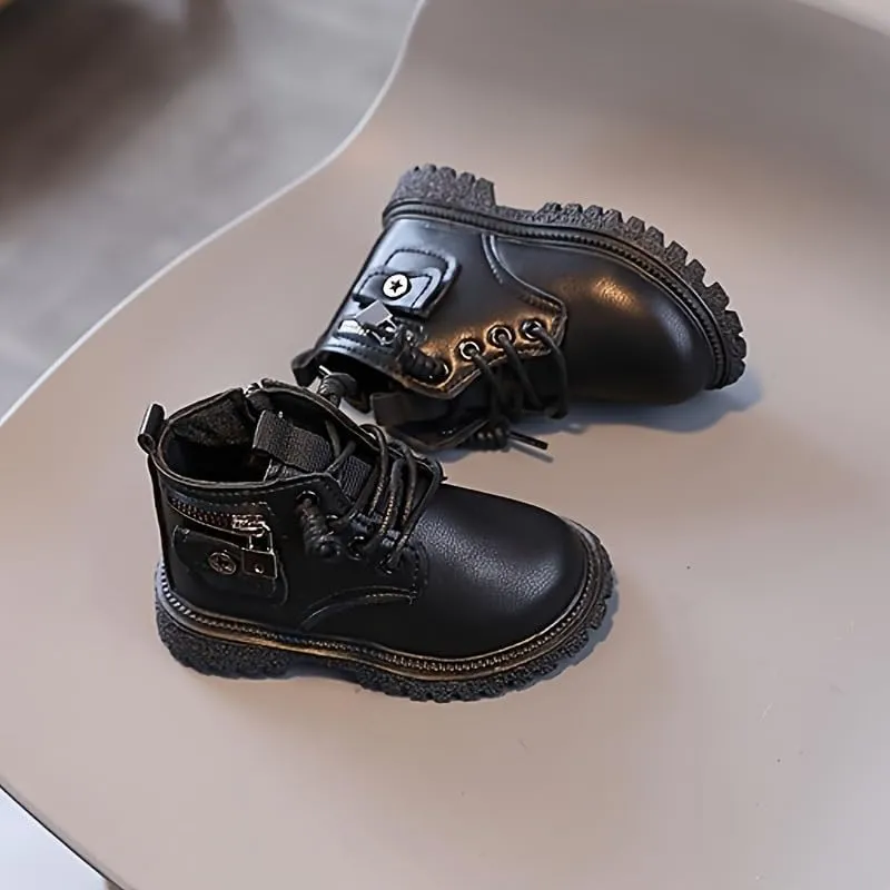 Baby Girls Work Boots Autumn Fashion Leather Lace-Up Boots Soft Flat Ankle Snow Boots, Toddler Fur Winter Shoes Sneakers
