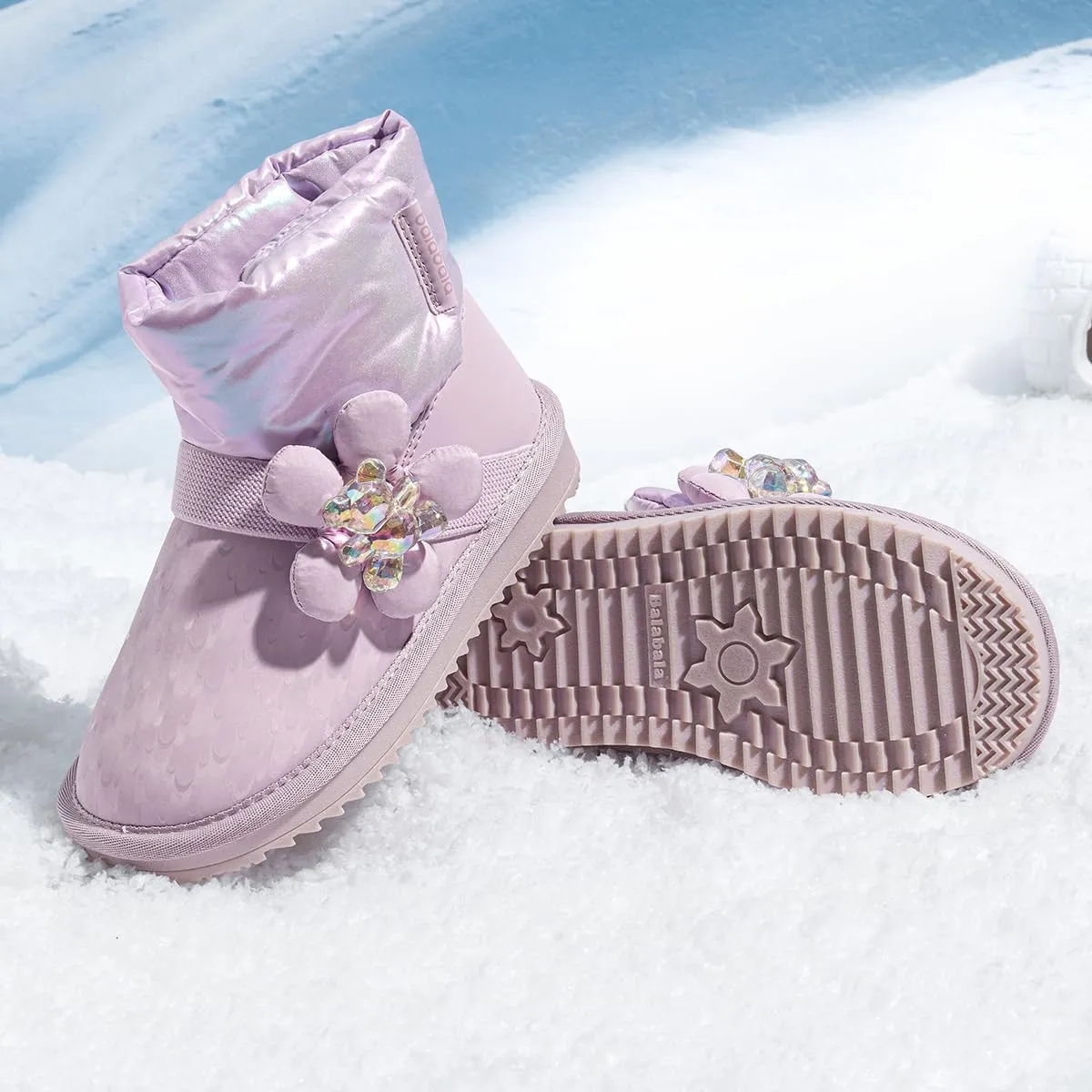Balabala Girls Winter Snow Boots with Floral Design, Warm Cozy Anti-Slip Toddler Kids Snow Boots