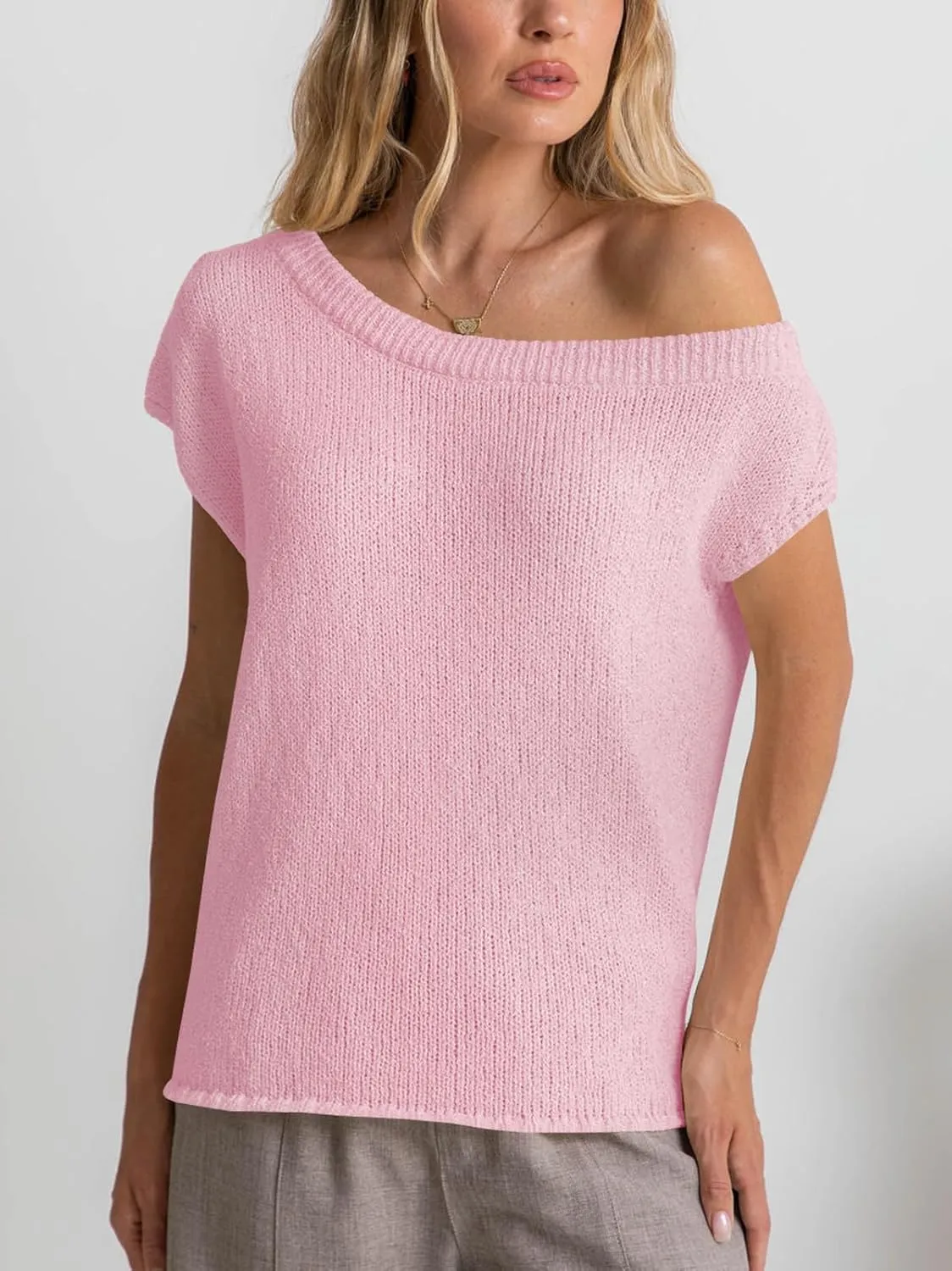 Balimtoy Women Off One Shoulder Crochet Sweater Top Asymmetrical Short Sleeve Loose Going Out Tops Casual Knit Tshirt