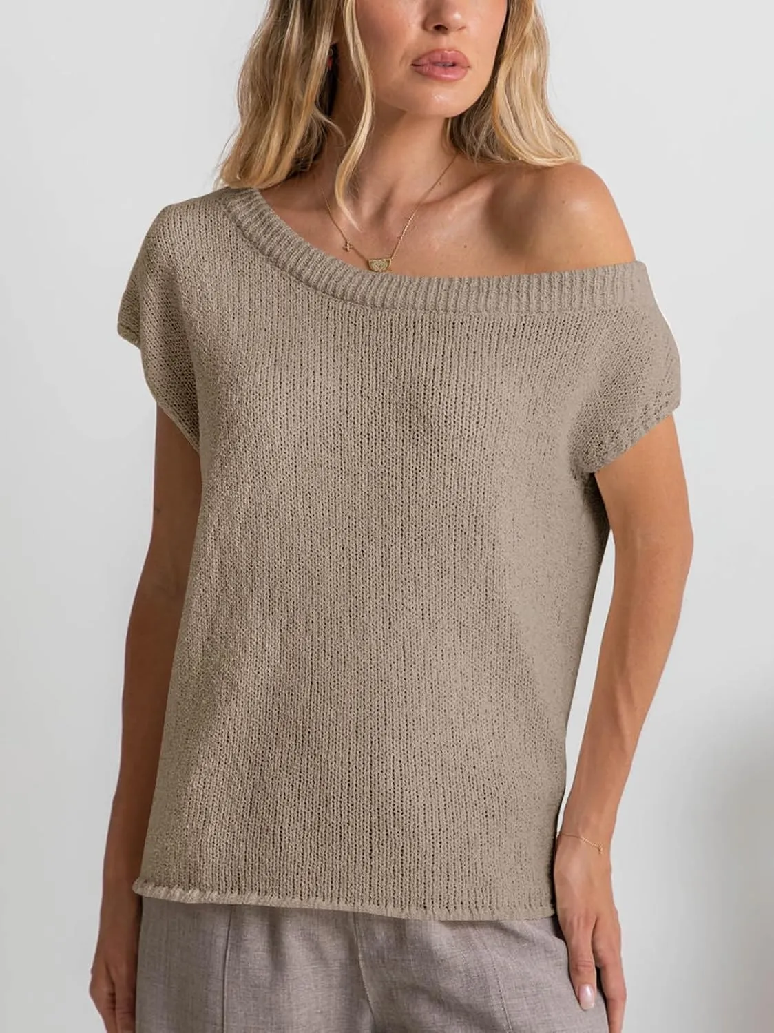 Balimtoy Women Off One Shoulder Crochet Sweater Top Asymmetrical Short Sleeve Loose Going Out Tops Casual Knit Tshirt