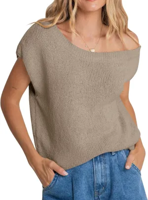 Balimtoy Women Off One Shoulder Crochet Sweater Top Asymmetrical Short Sleeve Loose Going Out Tops Casual Knit Tshirt