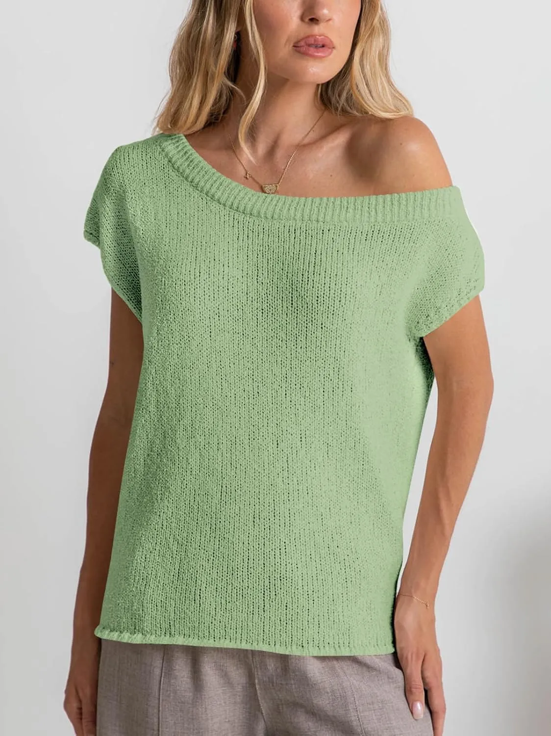 Balimtoy Women Off One Shoulder Crochet Sweater Top Asymmetrical Short Sleeve Loose Going Out Tops Casual Knit Tshirt