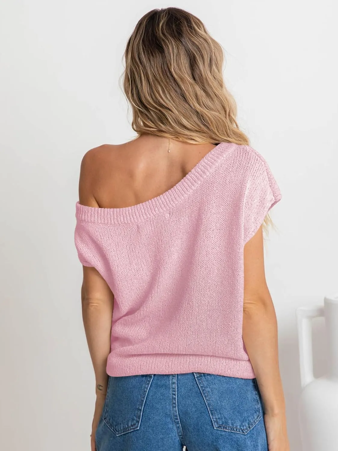 Balimtoy Women Off One Shoulder Crochet Sweater Top Asymmetrical Short Sleeve Loose Going Out Tops Casual Knit Tshirt