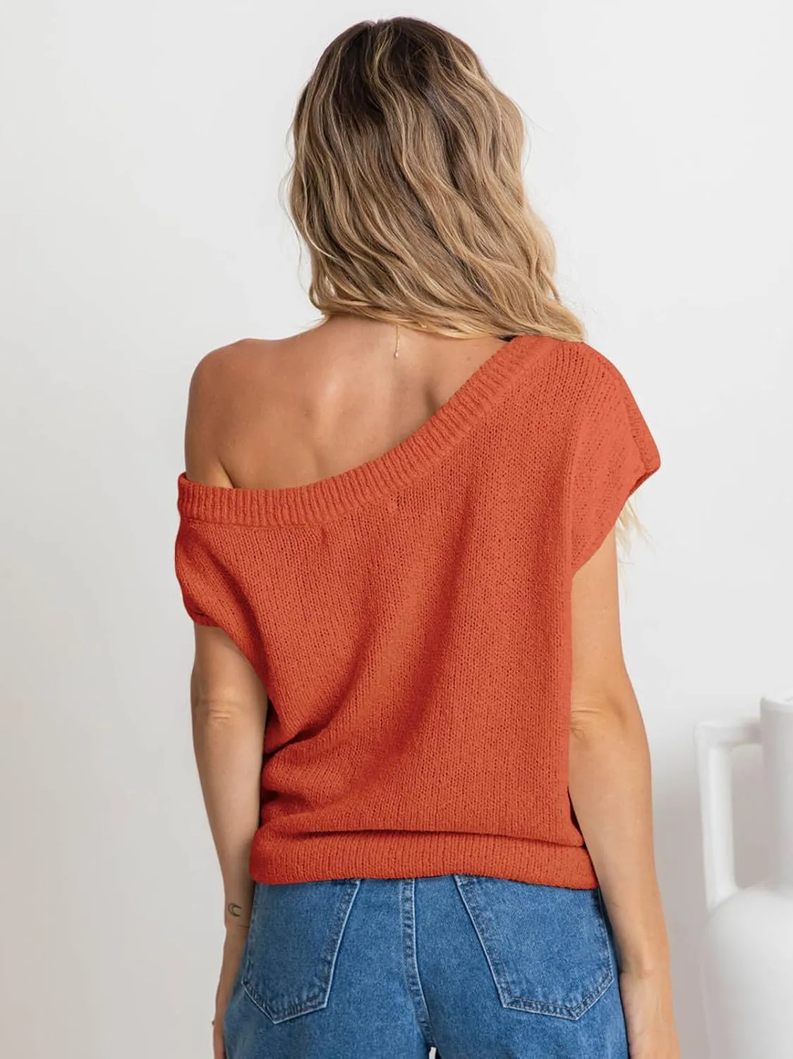 Balimtoy Women Off One Shoulder Crochet Sweater Top Asymmetrical Short Sleeve Loose Going Out Tops Casual Knit Tshirt