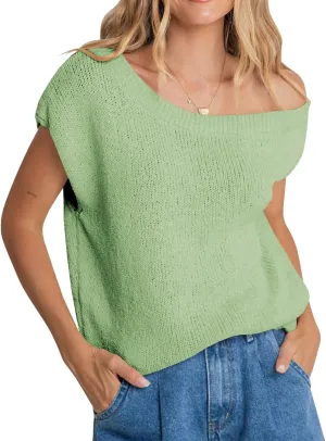 Balimtoy Women Off One Shoulder Crochet Sweater Top Asymmetrical Short Sleeve Loose Going Out Tops Casual Knit Tshirt