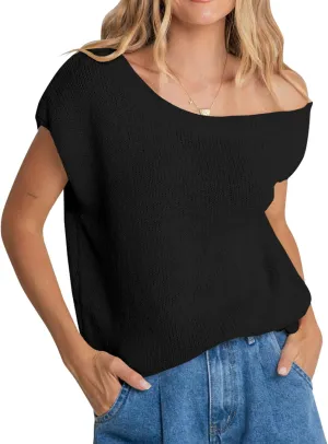 Balimtoy Women Off One Shoulder Crochet Sweater Top Asymmetrical Short Sleeve Loose Going Out Tops Casual Knit Tshirt