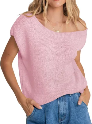 Balimtoy Women Off One Shoulder Crochet Sweater Top Asymmetrical Short Sleeve Loose Going Out Tops Casual Knit Tshirt