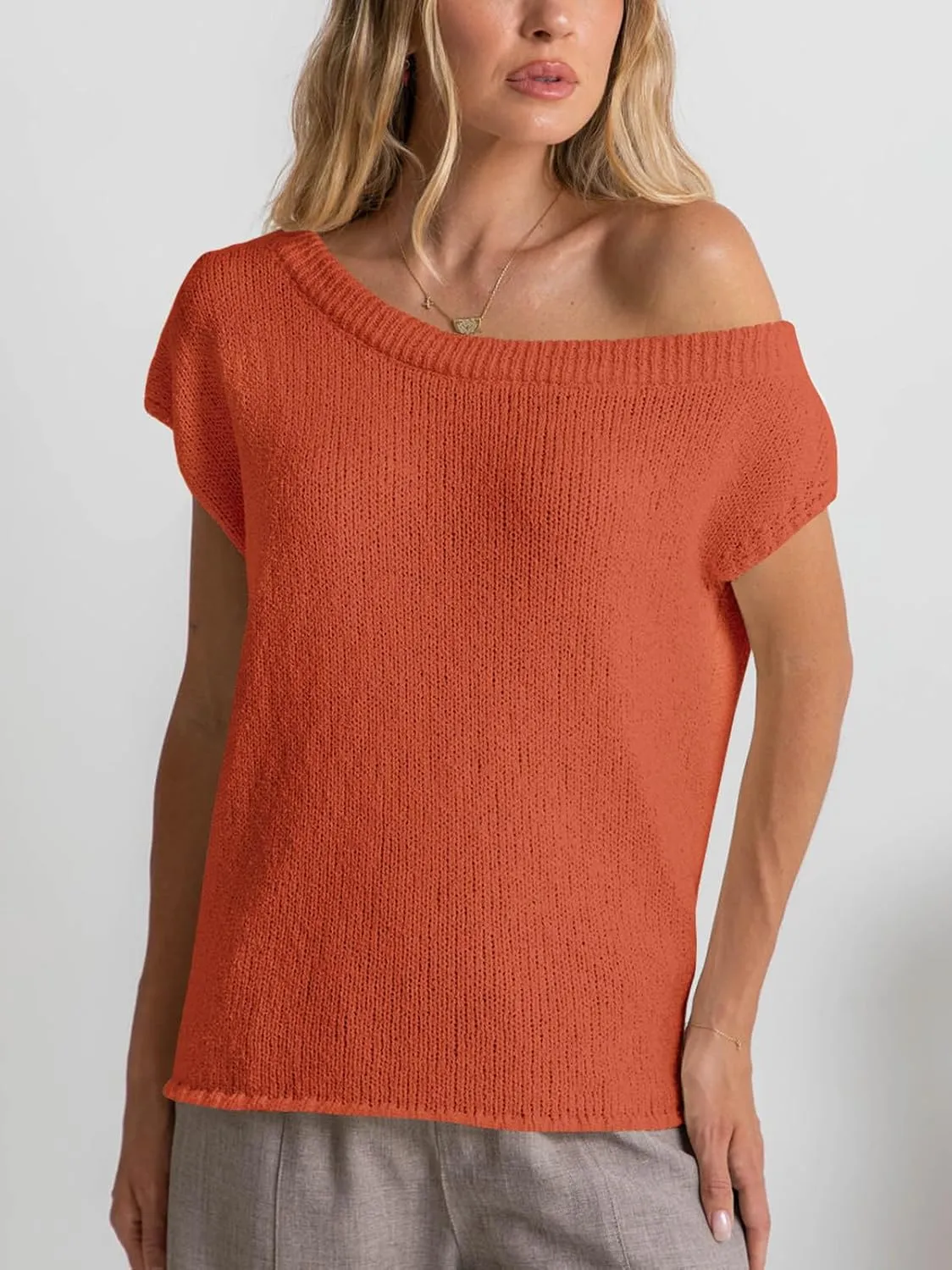 Balimtoy Women Off One Shoulder Crochet Sweater Top Asymmetrical Short Sleeve Loose Going Out Tops Casual Knit Tshirt