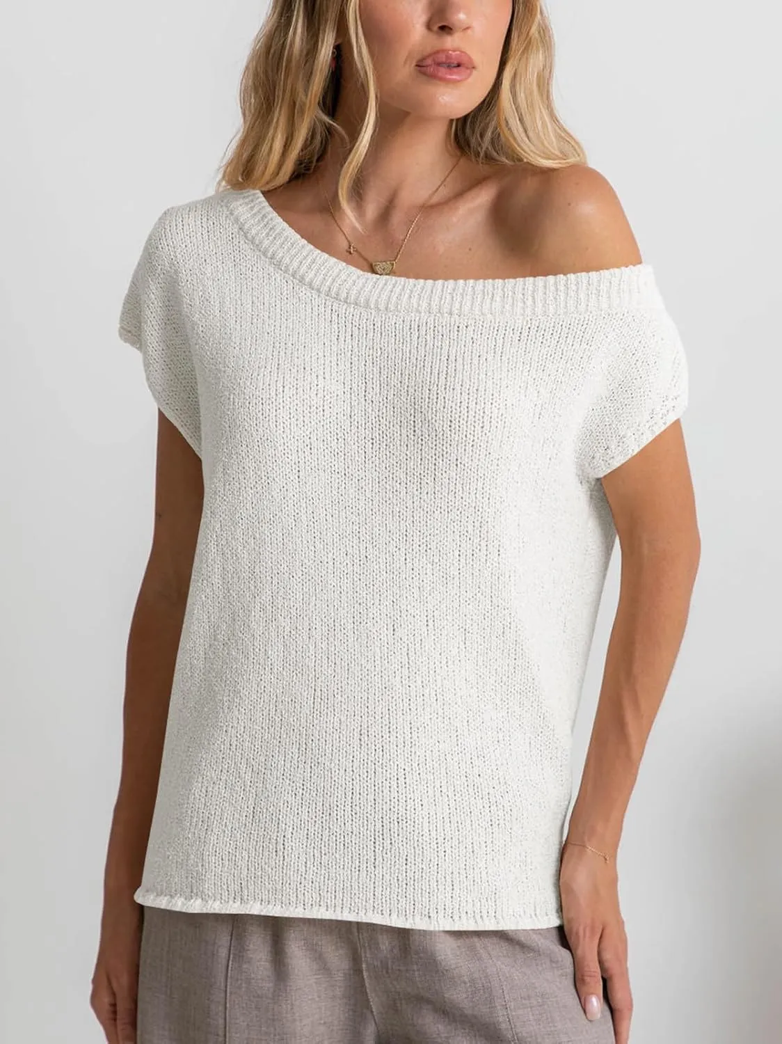 Balimtoy Women Off One Shoulder Crochet Sweater Top Asymmetrical Short Sleeve Loose Going Out Tops Casual Knit Tshirt