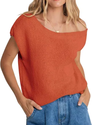 Balimtoy Women Off One Shoulder Crochet Sweater Top Asymmetrical Short Sleeve Loose Going Out Tops Casual Knit Tshirt