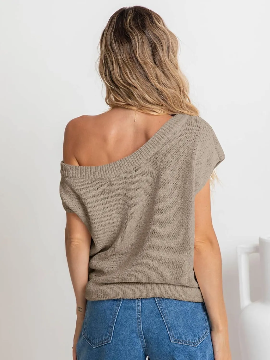 Balimtoy Women Off One Shoulder Crochet Sweater Top Asymmetrical Short Sleeve Loose Going Out Tops Casual Knit Tshirt