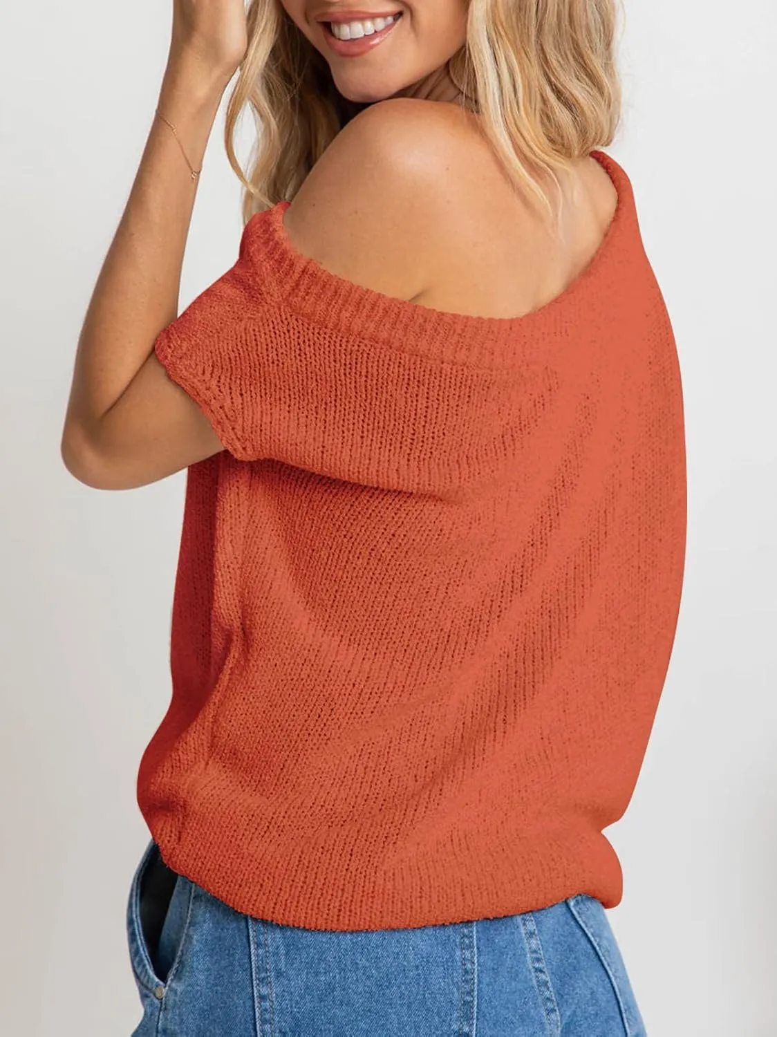 Balimtoy Women Off One Shoulder Crochet Sweater Top Asymmetrical Short Sleeve Loose Going Out Tops Casual Knit Tshirt