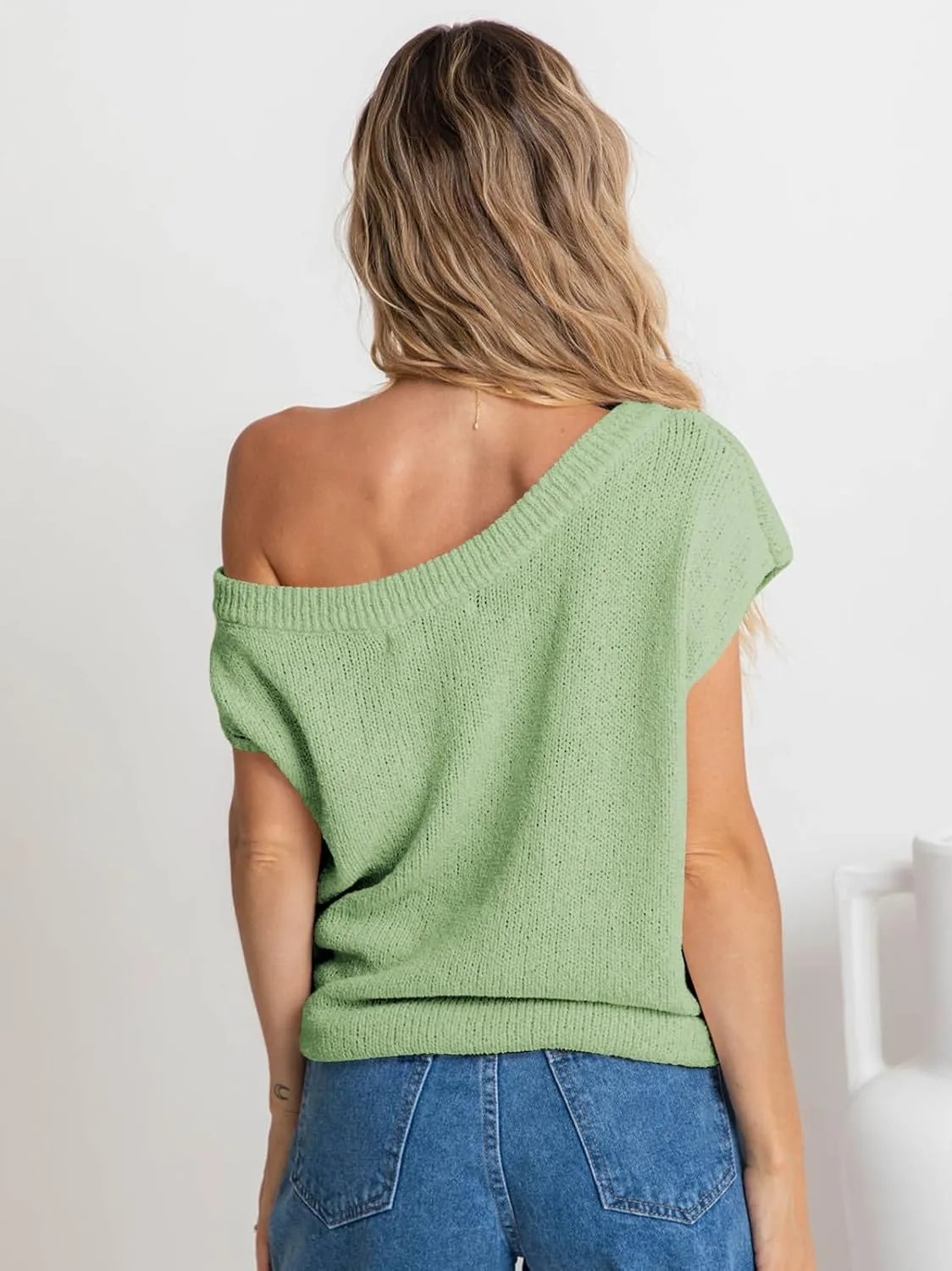 Balimtoy Women Off One Shoulder Crochet Sweater Top Asymmetrical Short Sleeve Loose Going Out Tops Casual Knit Tshirt