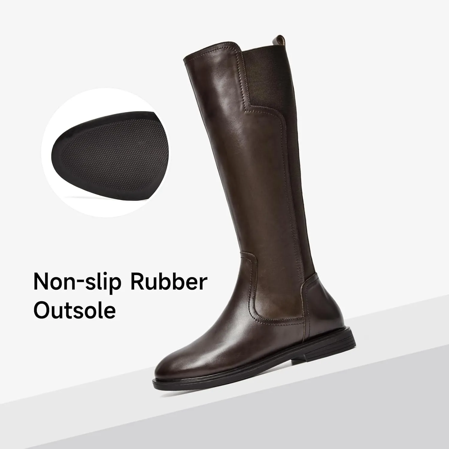 BEAU TODAY Knee High Boots for Women, Womens Genuine Leather Boots, Classic Low Block Heel Pointed Toe Fall Winter Boots