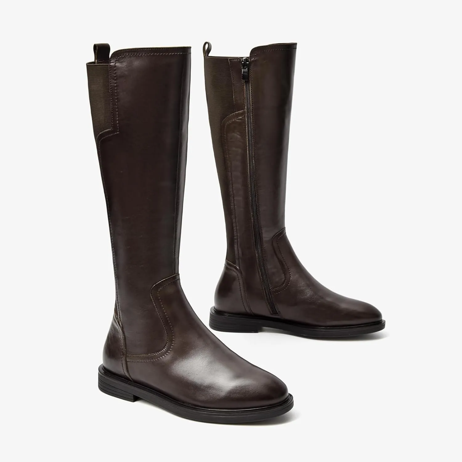 BEAU TODAY Knee High Boots for Women, Womens Genuine Leather Boots, Classic Low Block Heel Pointed Toe Fall Winter Boots