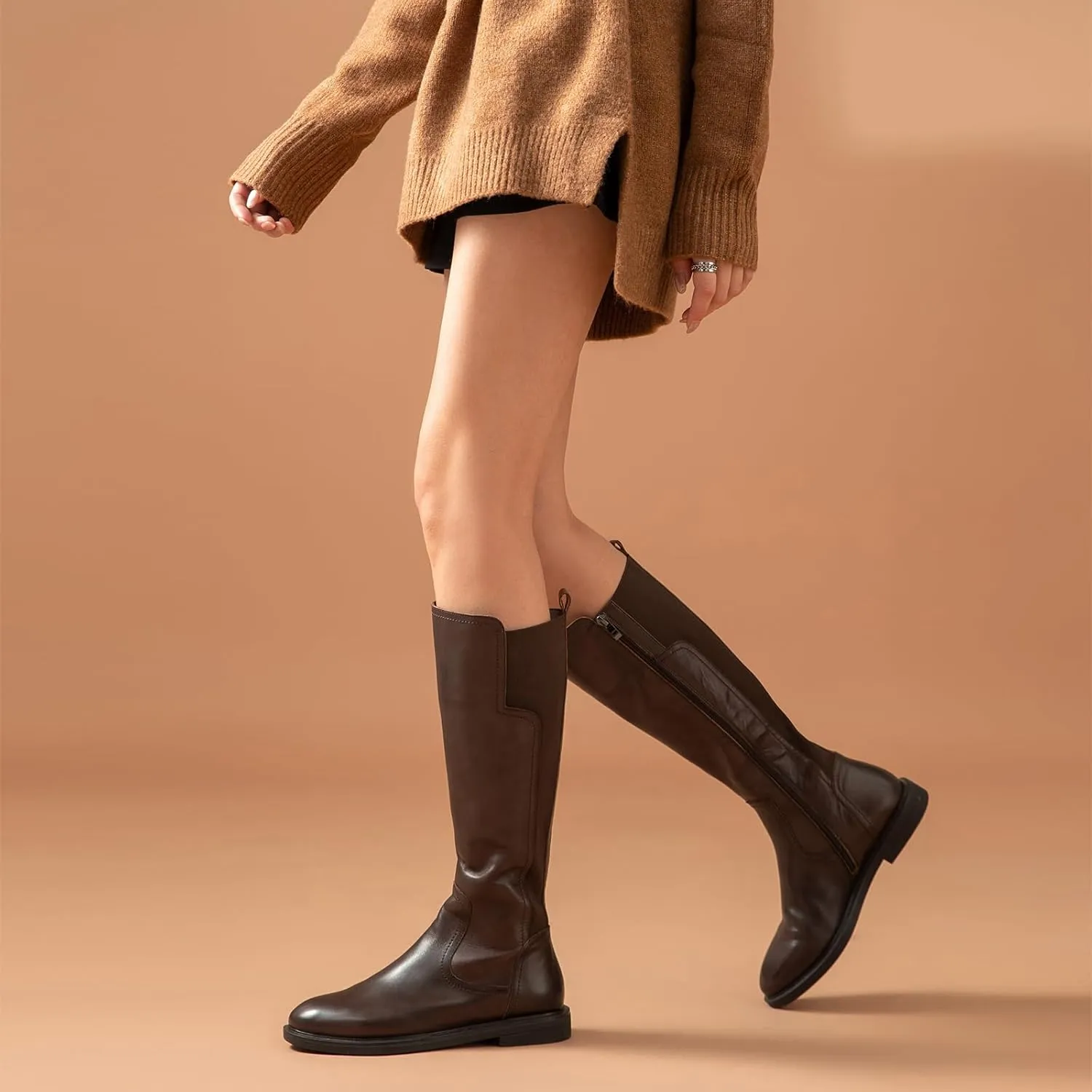 BEAU TODAY Knee High Boots for Women, Womens Genuine Leather Boots, Classic Low Block Heel Pointed Toe Fall Winter Boots