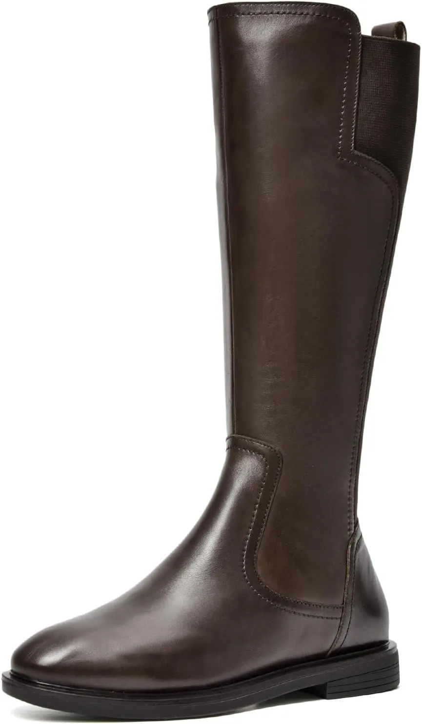 BEAU TODAY Knee High Boots for Women, Womens Genuine Leather Boots, Classic Low Block Heel Pointed Toe Fall Winter Boots