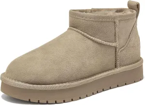 BEAU TODAY Womens Platform Ankle Boots Genuine Sheepskin Mini Boots for Women Comfortable Anti-Slip Snow Boots Pull-on Walking Winter Boots Outdoors