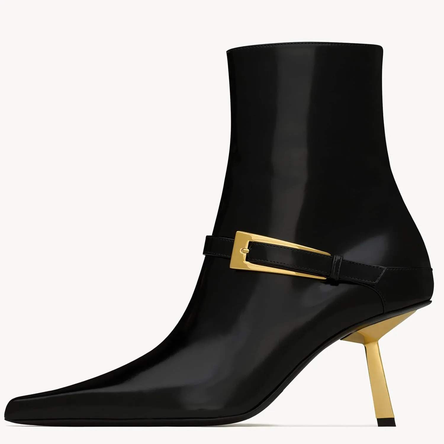 Black Ankle Booties for Women Pointed Toe Stiletto High Heel Patent Leather Metal Buckle Short Boots with Side Zipper Casual Party Dating Dress Shoes