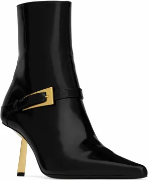 Black Ankle Booties for Women Pointed Toe Stiletto High Heel Patent Leather Metal Buckle Short Boots with Side Zipper Casual Party Dating Dress Shoes