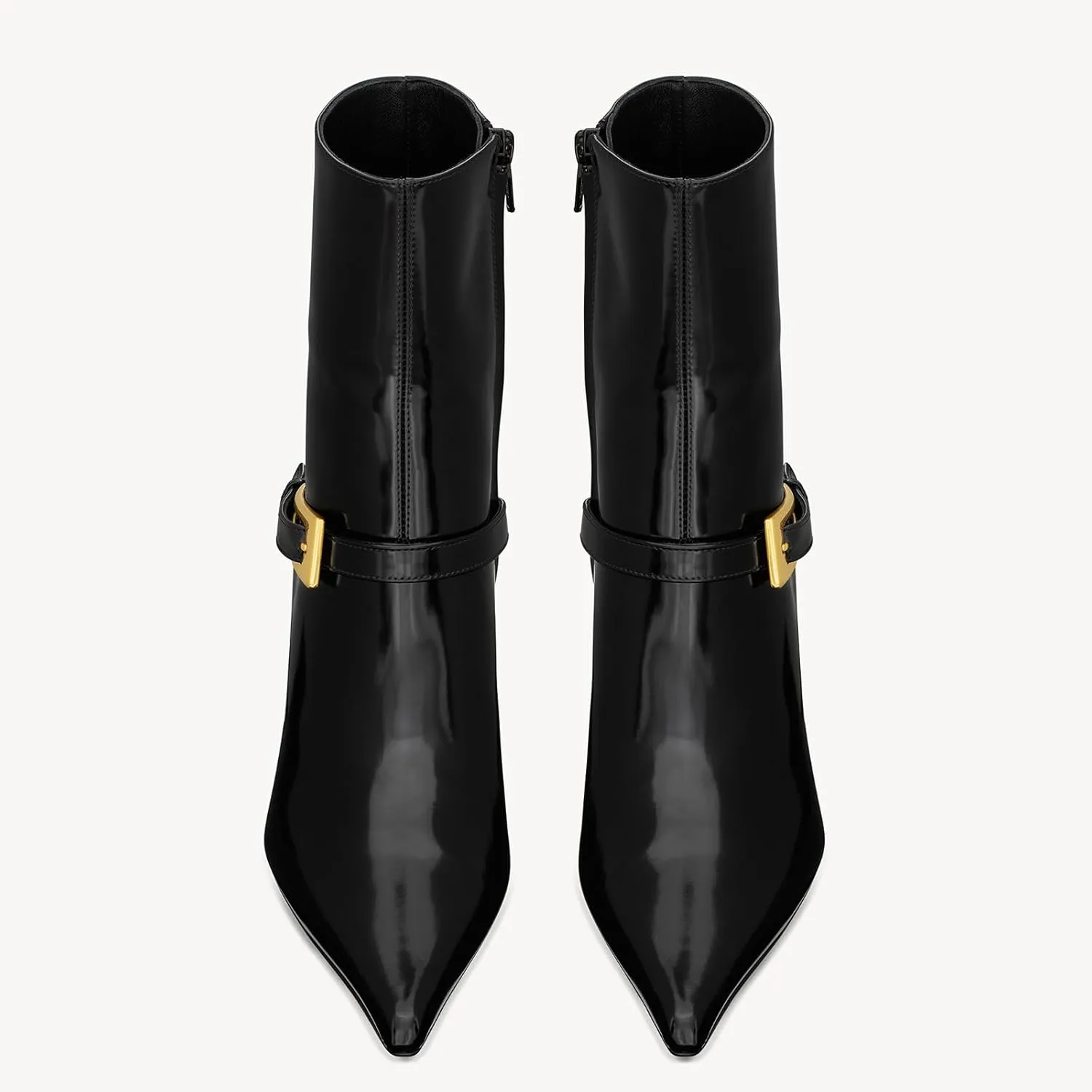 Black Ankle Booties for Women Pointed Toe Stiletto High Heel Patent Leather Metal Buckle Short Boots with Side Zipper Casual Party Dating Dress Shoes