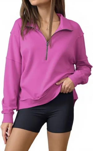 BLENCOT Womens Oversized Sweatshirt Half Zip Fleece Pullover Long Sleeve Fall Side Slit Tops