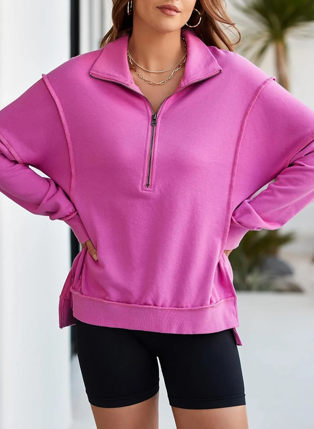 BLENCOT Womens Oversized Sweatshirt Half Zip Fleece Pullover Long Sleeve Fall Side Slit Tops