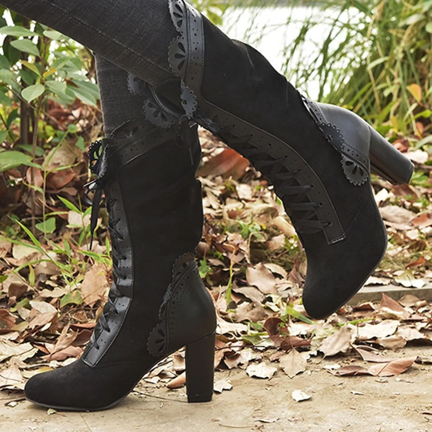 Boots for Women Victorian Casual Lace Up Renaissance Boots Mid Heels Vintage Boots Retro Halloween Cosplay Witch Shoes