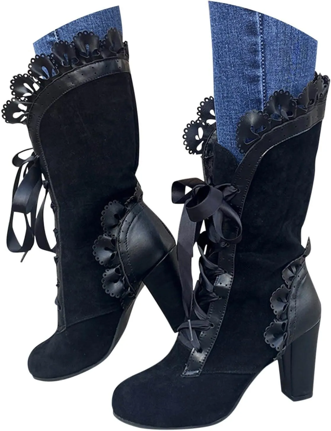 Boots for Women Victorian Casual Lace Up Renaissance Boots Mid Heels Vintage Boots Retro Halloween Cosplay Witch Shoes
