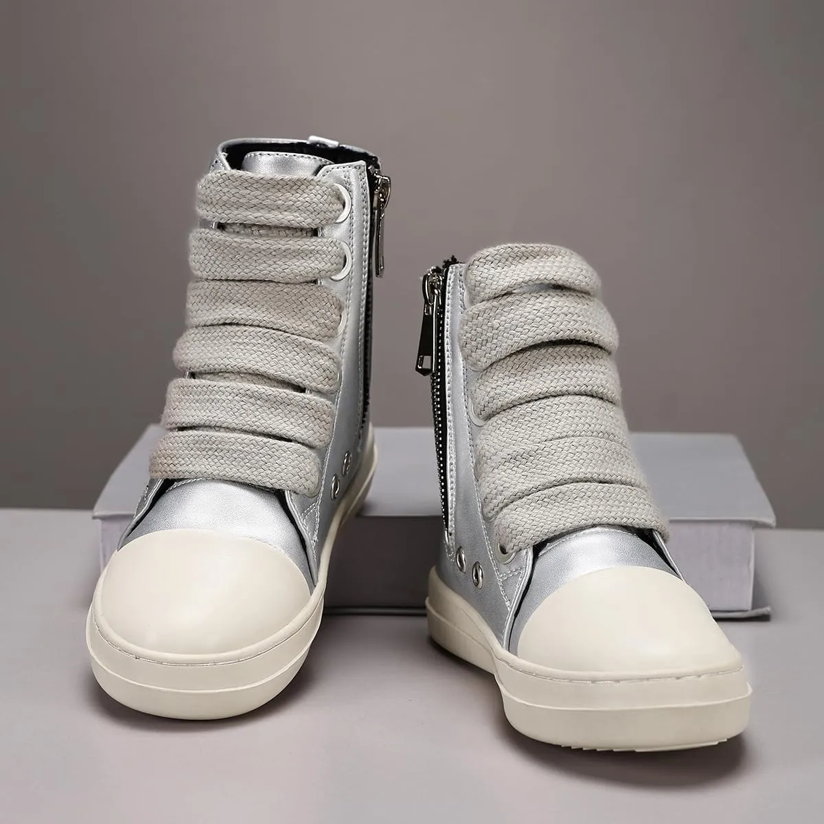 Boys Girls High Top Sneakers PU Leather Lace Up Platform Walking Shoes with Zipper