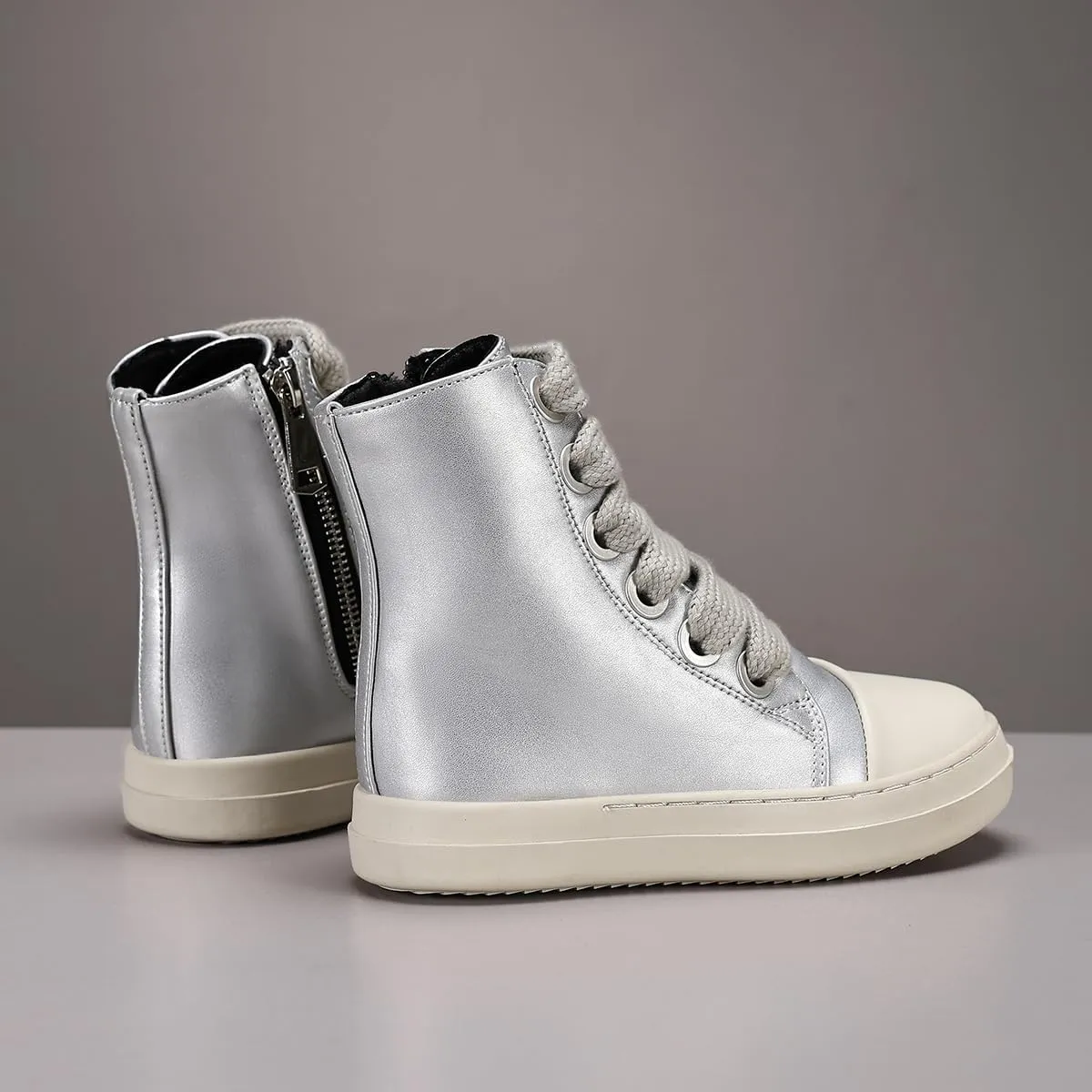 Boys Girls High Top Sneakers PU Leather Lace Up Platform Walking Shoes with Zipper