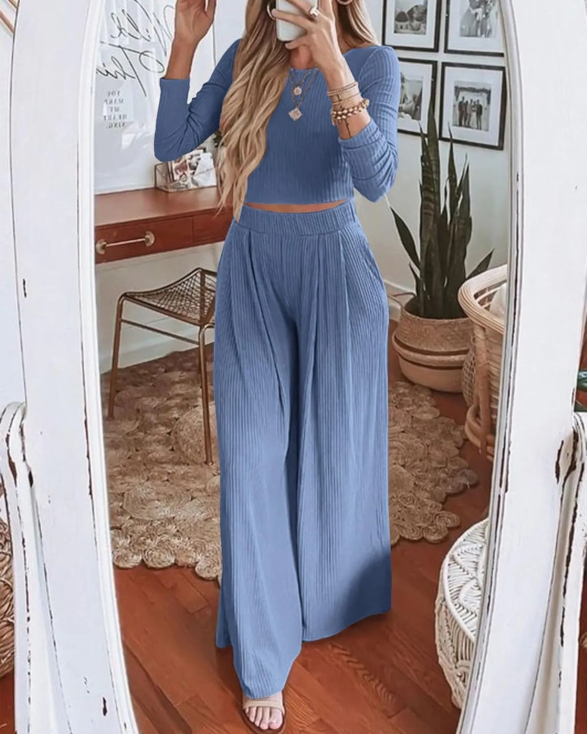 BTFBM Women's Two Piece Lounge Set Long Sleeve Bodycon Ribbed Knit Crop Top Loose Wide Leg Pant Casual Outfits Sweatsuit