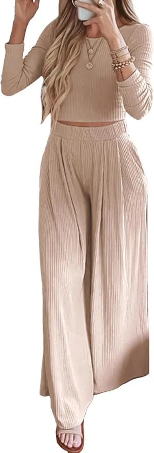 BTFBM Women's Two Piece Lounge Set Long Sleeve Bodycon Ribbed Knit Crop Top Loose Wide Leg Pant Casual Outfits Sweatsuit