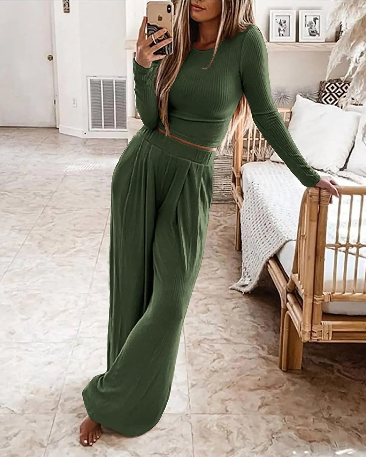 BTFBM Women's Two Piece Lounge Set Long Sleeve Bodycon Ribbed Knit Crop Top Loose Wide Leg Pant Casual Outfits Sweatsuit