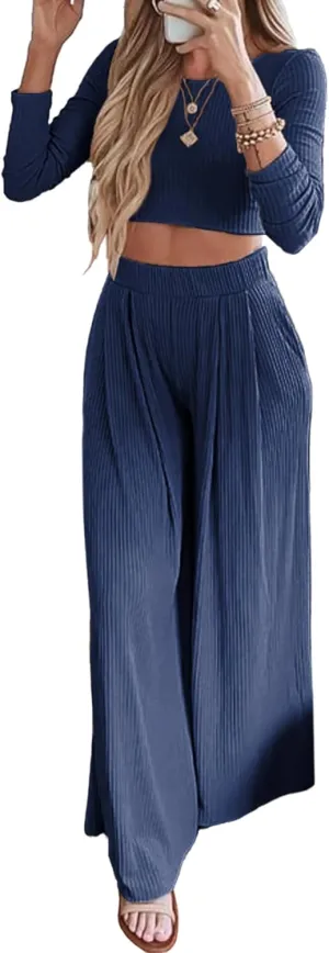 BTFBM Women's Two Piece Lounge Set Long Sleeve Bodycon Ribbed Knit Crop Top Loose Wide Leg Pant Casual Outfits Sweatsuit