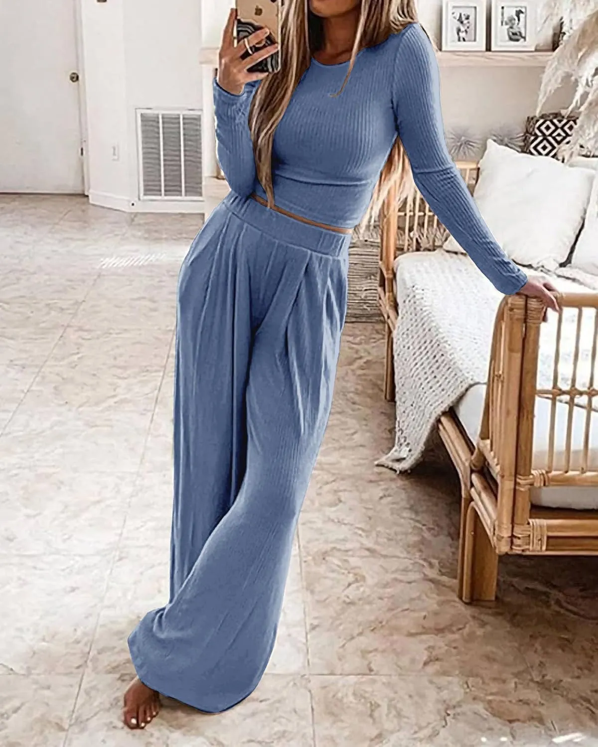 BTFBM Women's Two Piece Lounge Set Long Sleeve Bodycon Ribbed Knit Crop Top Loose Wide Leg Pant Casual Outfits Sweatsuit