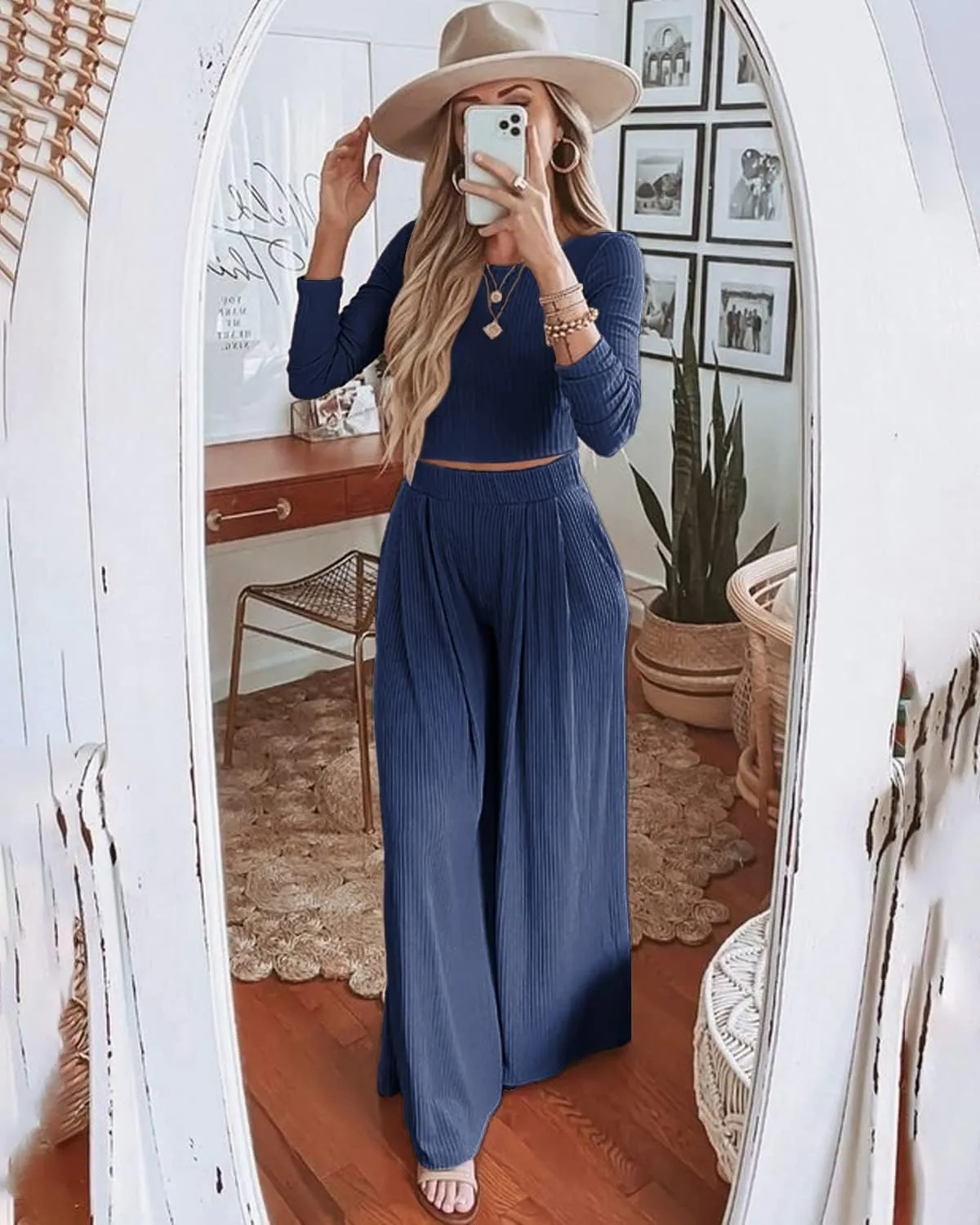 BTFBM Women's Two Piece Lounge Set Long Sleeve Bodycon Ribbed Knit Crop Top Loose Wide Leg Pant Casual Outfits Sweatsuit