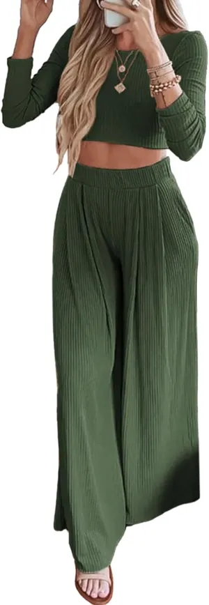 BTFBM Women's Two Piece Lounge Set Long Sleeve Bodycon Ribbed Knit Crop Top Loose Wide Leg Pant Casual Outfits Sweatsuit