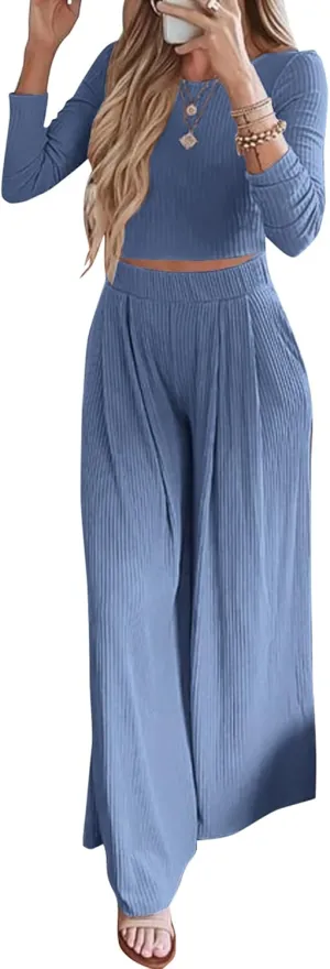 BTFBM Women's Two Piece Lounge Set Long Sleeve Bodycon Ribbed Knit Crop Top Loose Wide Leg Pant Casual Outfits Sweatsuit