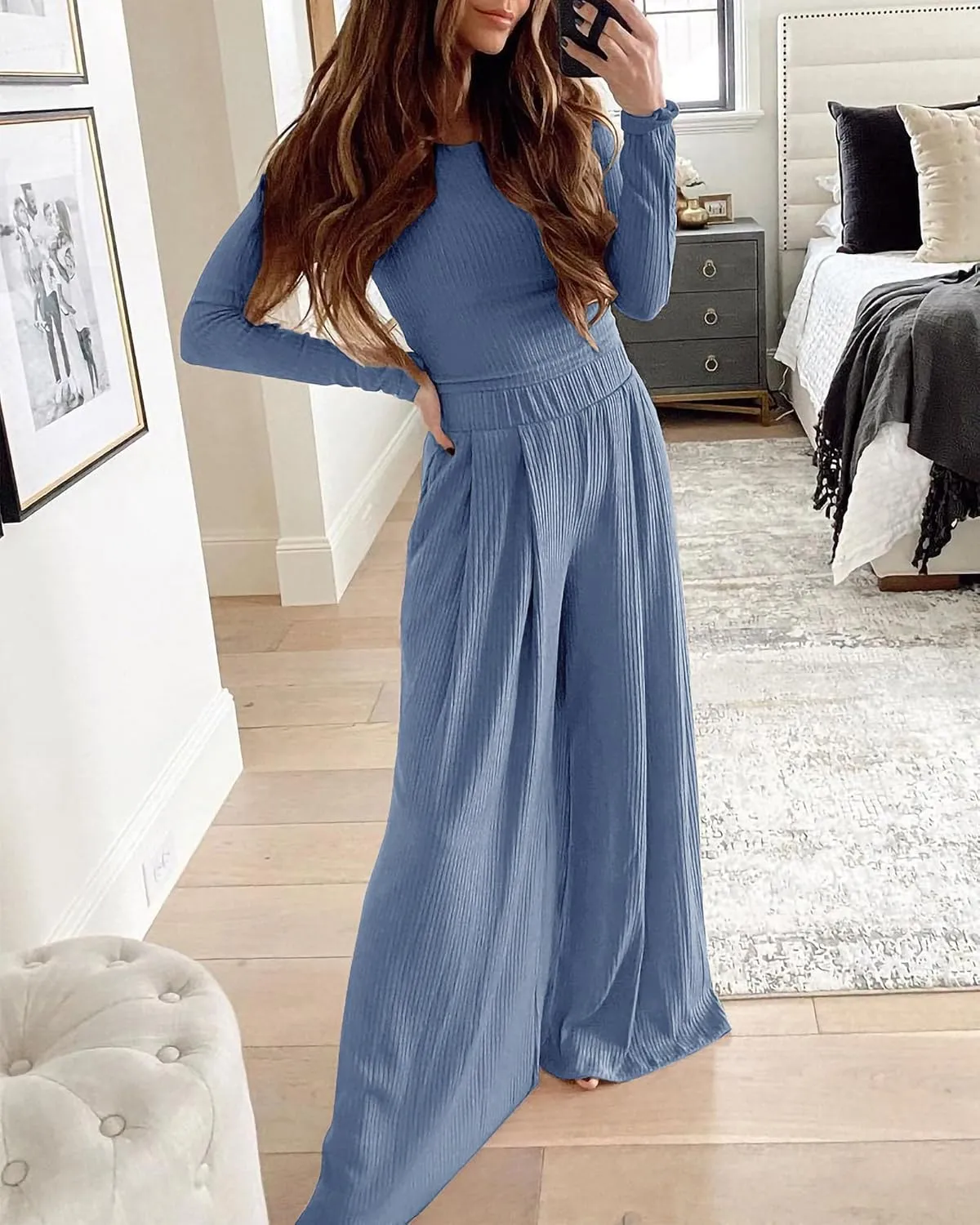BTFBM Women's Two Piece Lounge Set Long Sleeve Bodycon Ribbed Knit Crop Top Loose Wide Leg Pant Casual Outfits Sweatsuit