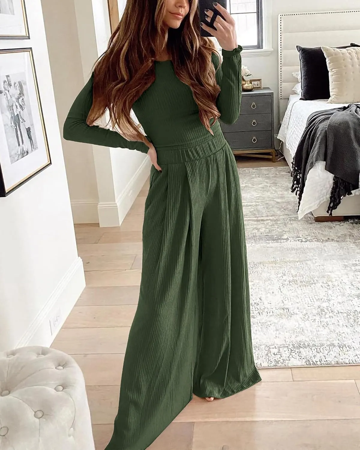 BTFBM Women's Two Piece Lounge Set Long Sleeve Bodycon Ribbed Knit Crop Top Loose Wide Leg Pant Casual Outfits Sweatsuit