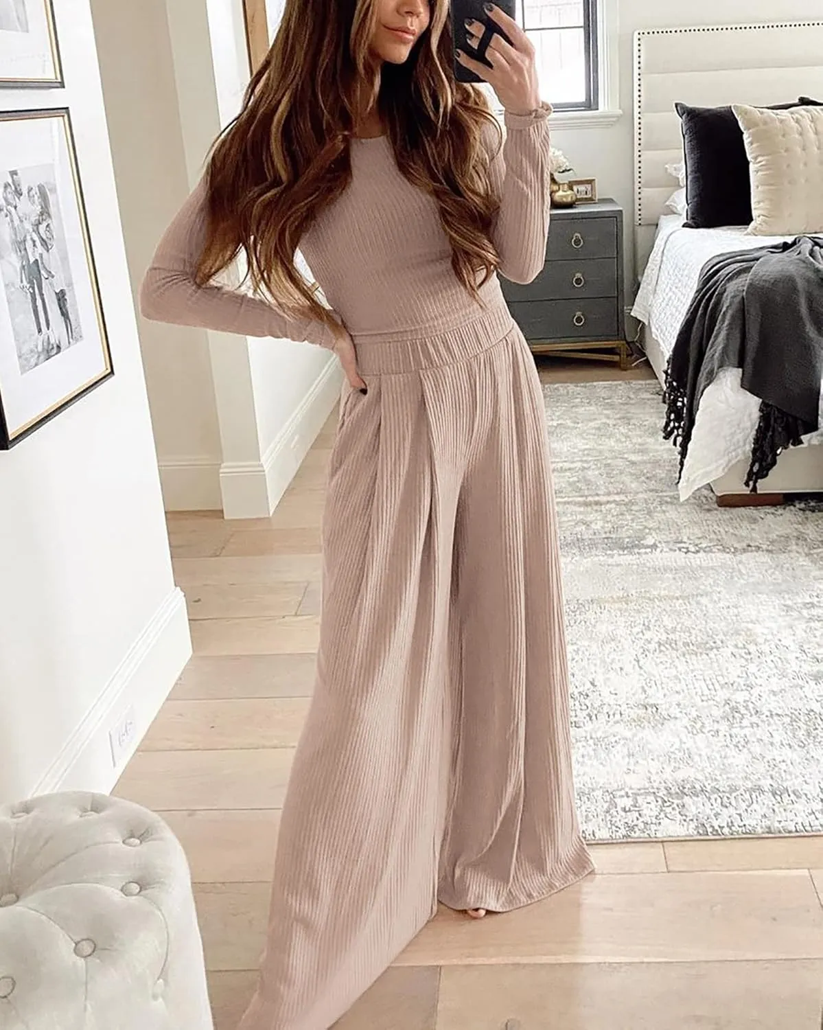 BTFBM Women's Two Piece Lounge Set Long Sleeve Bodycon Ribbed Knit Crop Top Loose Wide Leg Pant Casual Outfits Sweatsuit