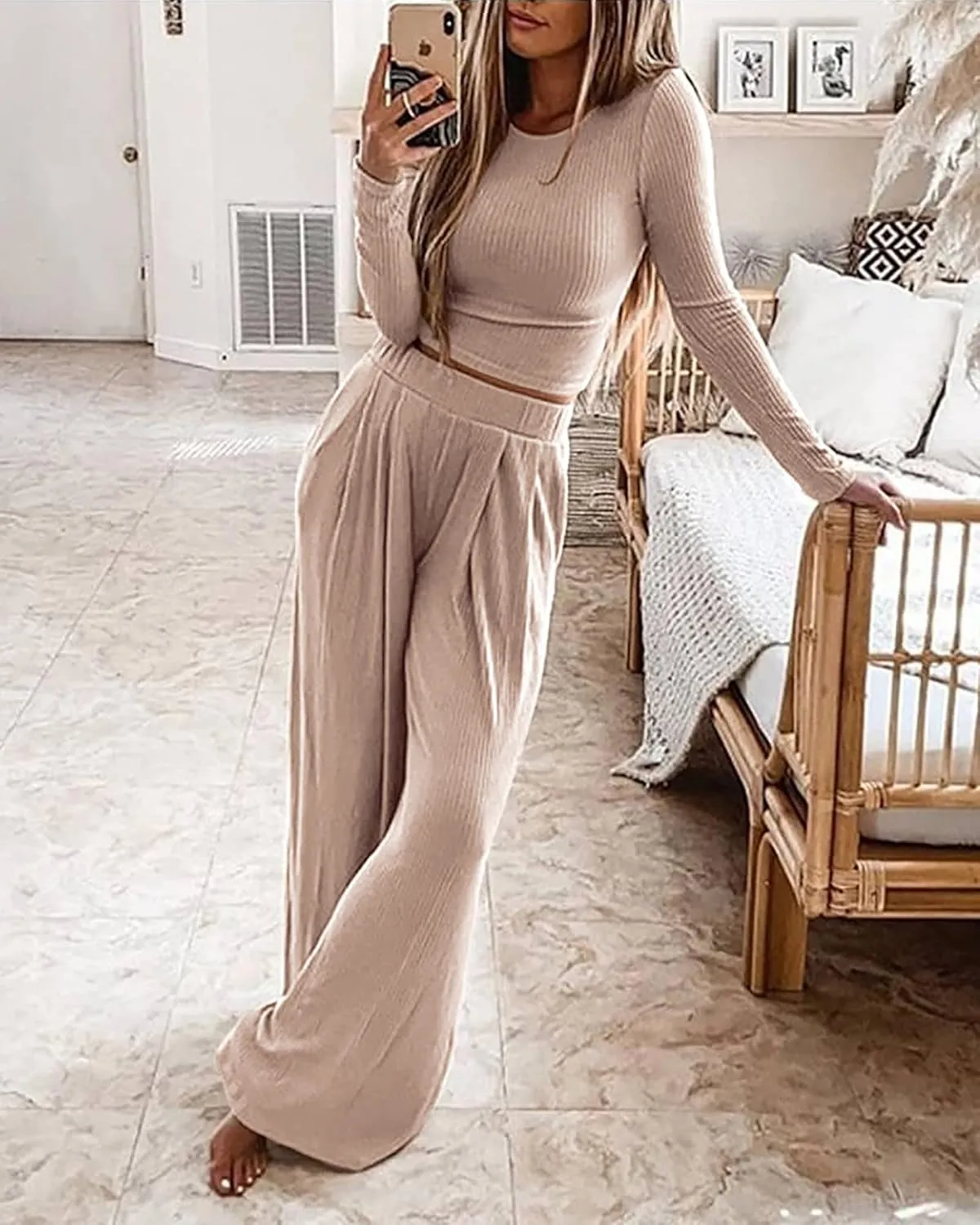 BTFBM Women's Two Piece Lounge Set Long Sleeve Bodycon Ribbed Knit Crop Top Loose Wide Leg Pant Casual Outfits Sweatsuit
