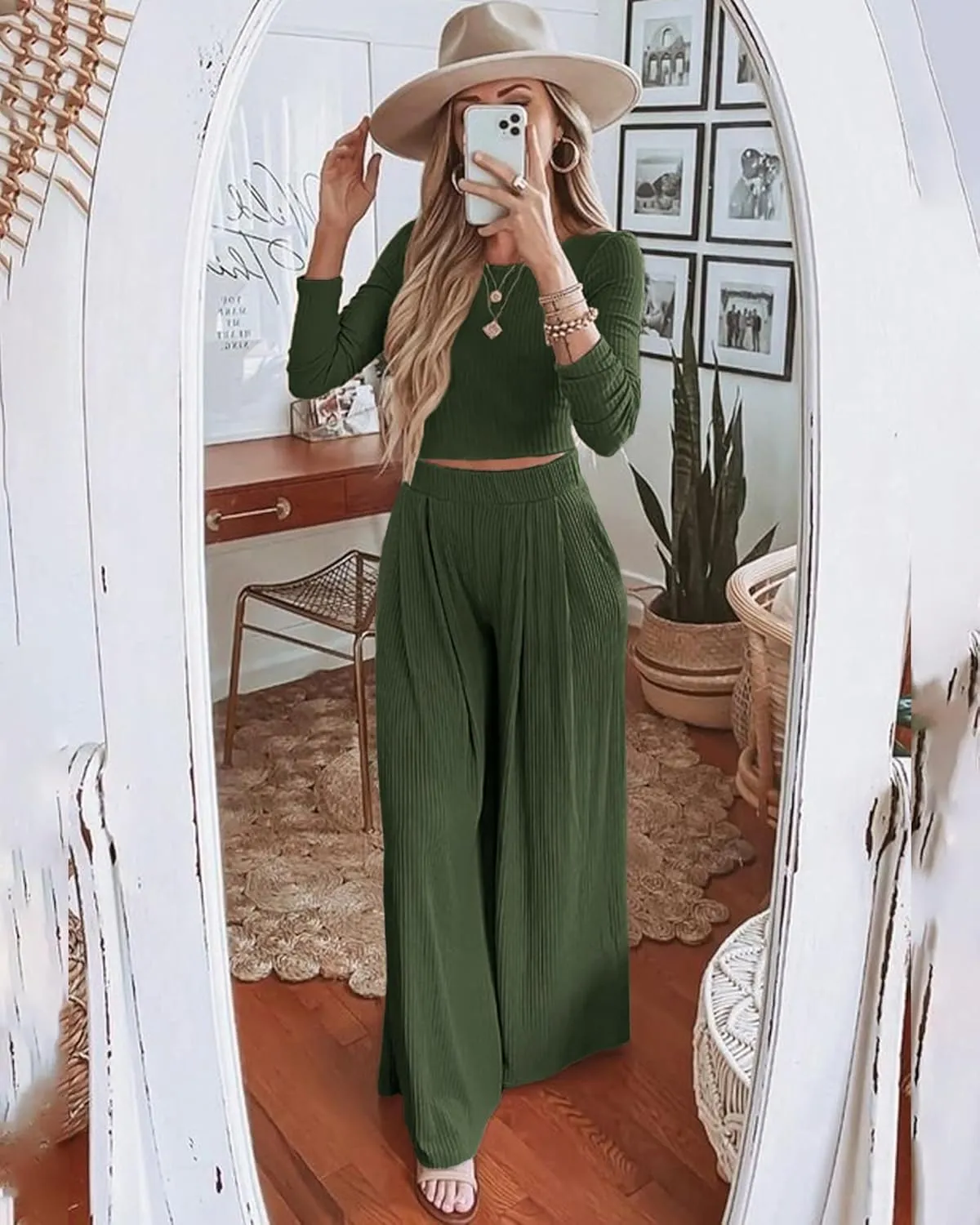 BTFBM Women's Two Piece Lounge Set Long Sleeve Bodycon Ribbed Knit Crop Top Loose Wide Leg Pant Casual Outfits Sweatsuit