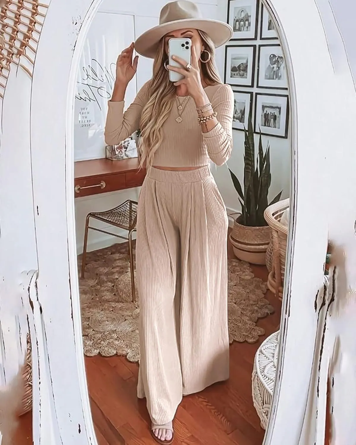 BTFBM Women's Two Piece Lounge Set Long Sleeve Bodycon Ribbed Knit Crop Top Loose Wide Leg Pant Casual Outfits Sweatsuit