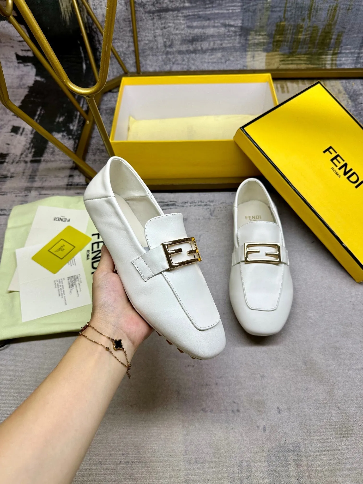 BUCKLE FENDI LAMBSKIN WHITE High-performance Guaranteed security FENDI GOLD LOAFERS IN