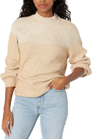 Cable Stitch Women's Two Tone Mock Neck Sweater - Raglan Long Sleeve Colorblock Pullover Rib-Knit Top