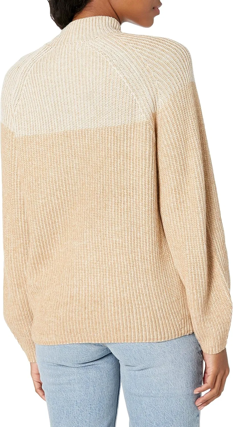 Cable Stitch Women's Two Tone Mock Neck Sweater - Raglan Long Sleeve Colorblock Pullover Rib-Knit Top