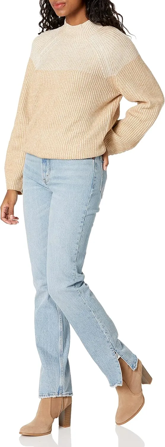 Cable Stitch Women's Two Tone Mock Neck Sweater - Raglan Long Sleeve Colorblock Pullover Rib-Knit Top
