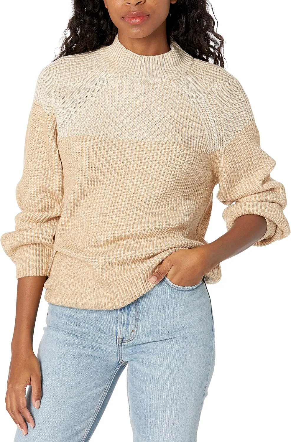 Cable Stitch Women's Two Tone Mock Neck Sweater - Raglan Long Sleeve Colorblock Pullover Rib-Knit Top
